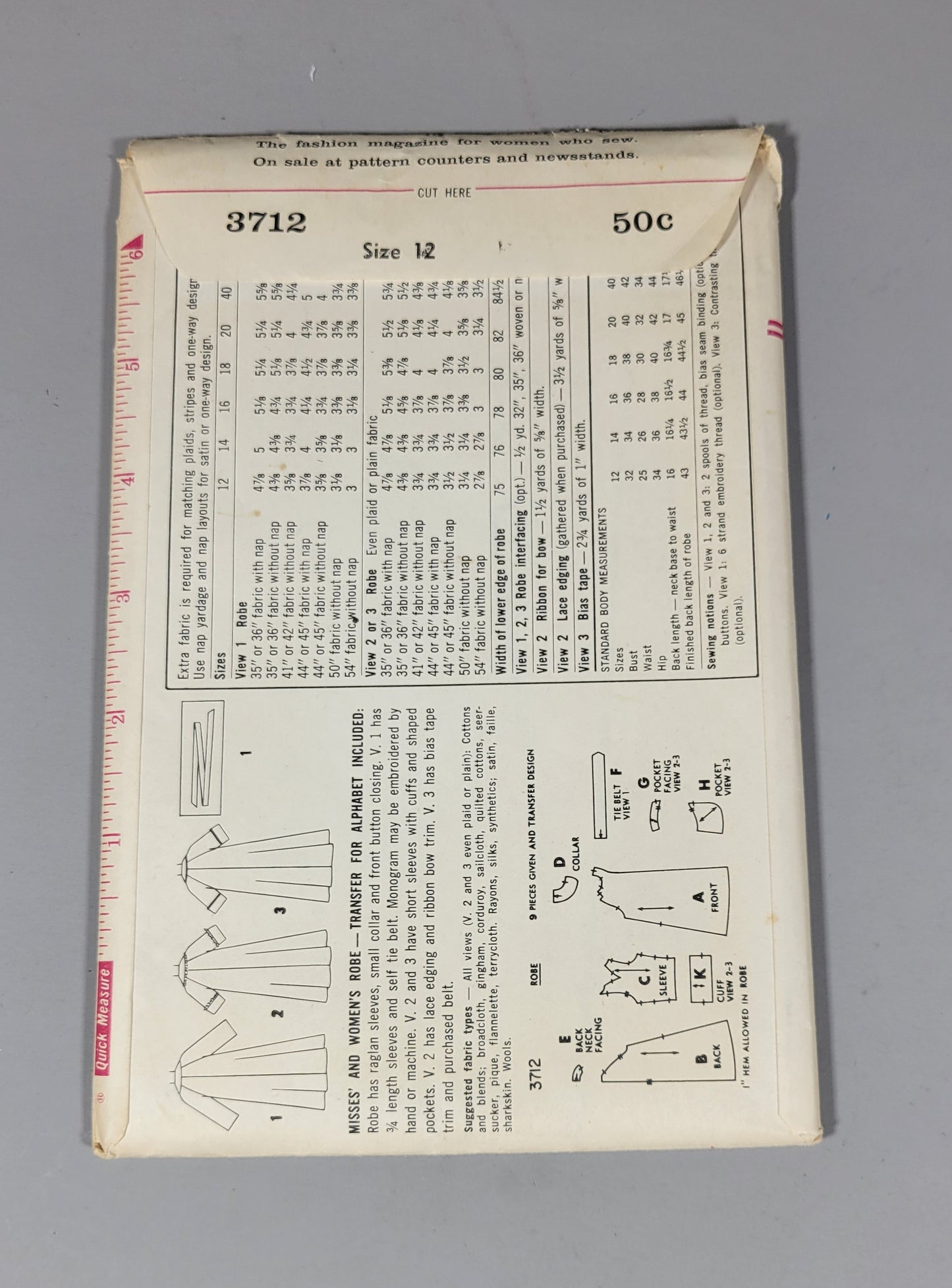 Simplicity 3712 Pattern, ca 1961. Misses' and Women's Robe. Miss Size 12 Bust 32.