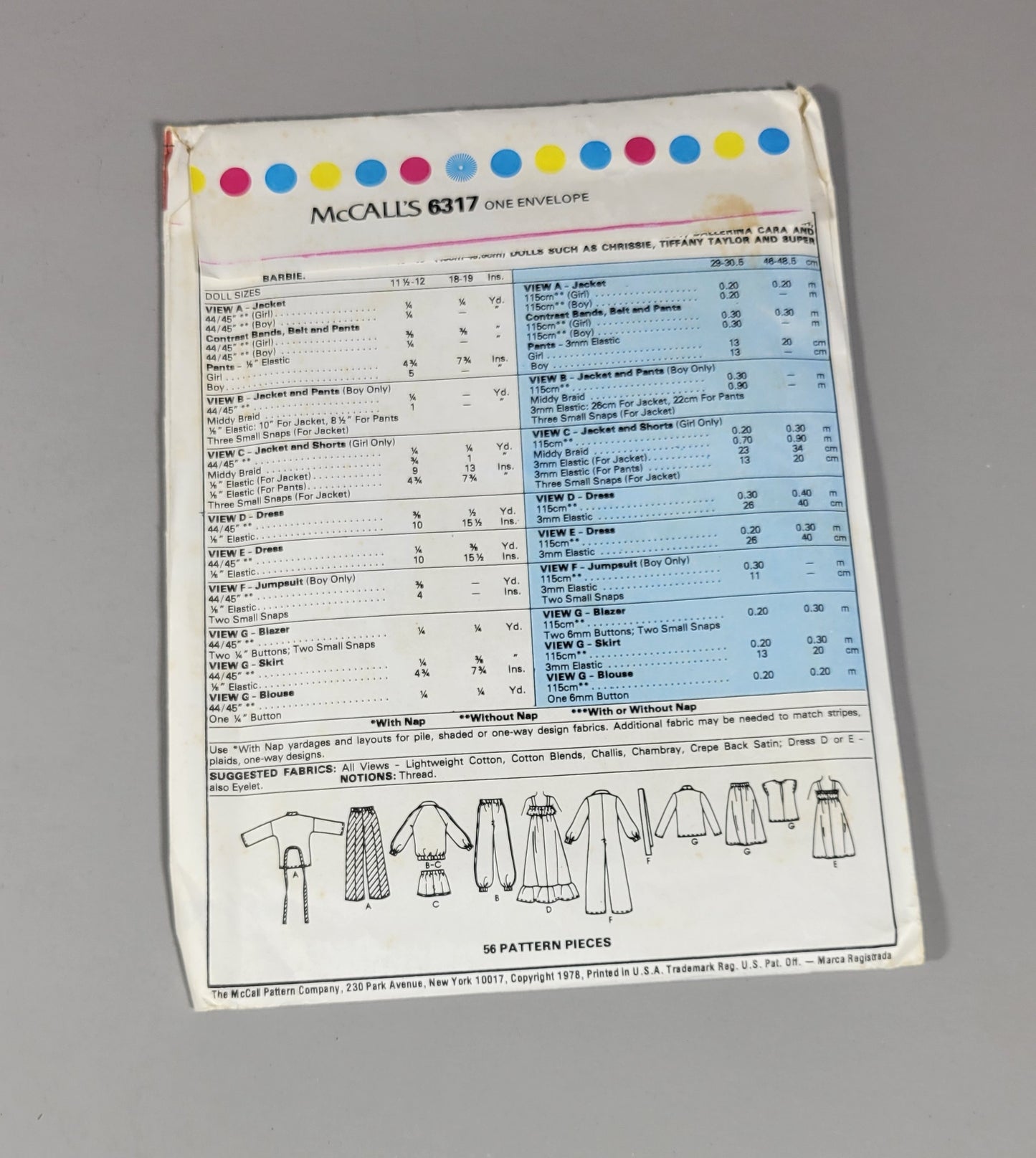 McCall's 6317 Doll Clothing Pattern, ca 1978.