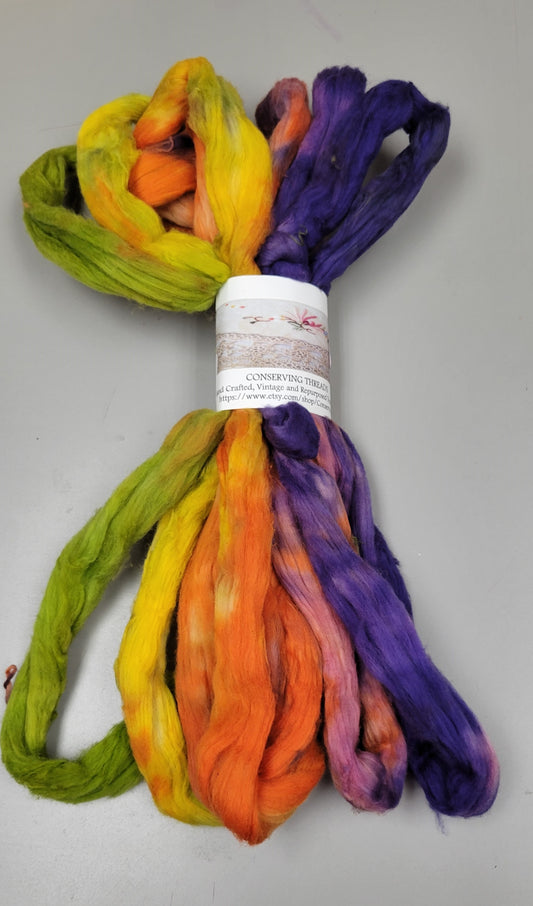 Cotton Sliver, 1 oz (1 ounce), Rainbow. USA Grown Upland Cotton Sliver, Hand Dyed.