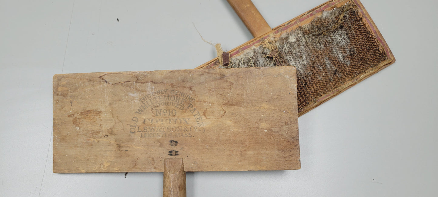 Vintage Pair Hand Carders for Combing Cotton "Old Whittemore Patent, No 10, Cotton, L. S. Watson &amp; Co, Leicester, Mass"