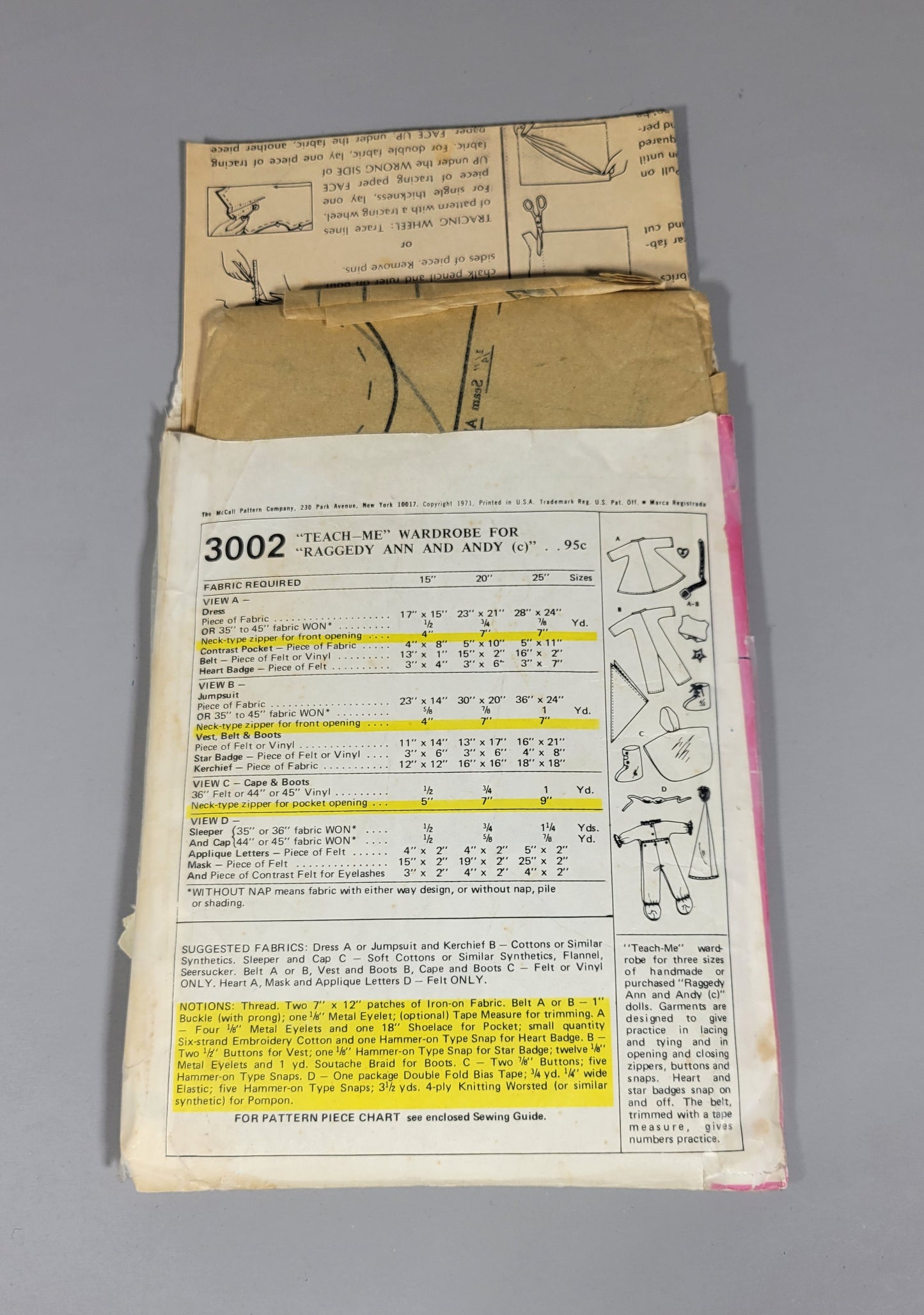 McCall's 3002 Step by Step Pattern, ca 1971, The Bobbs-Merrill Company for "Raggedy Ann and Andy" Dolls.