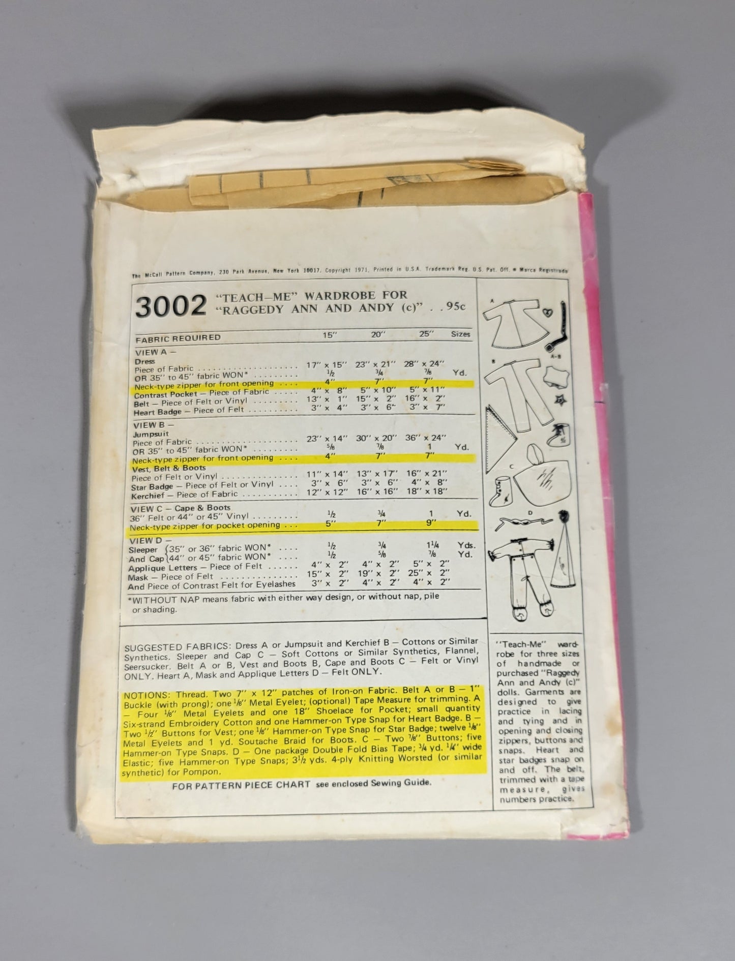 McCall's 3002 Step by Step Pattern, ca 1971, The Bobbs-Merrill Company for "Raggedy Ann and Andy" Dolls.