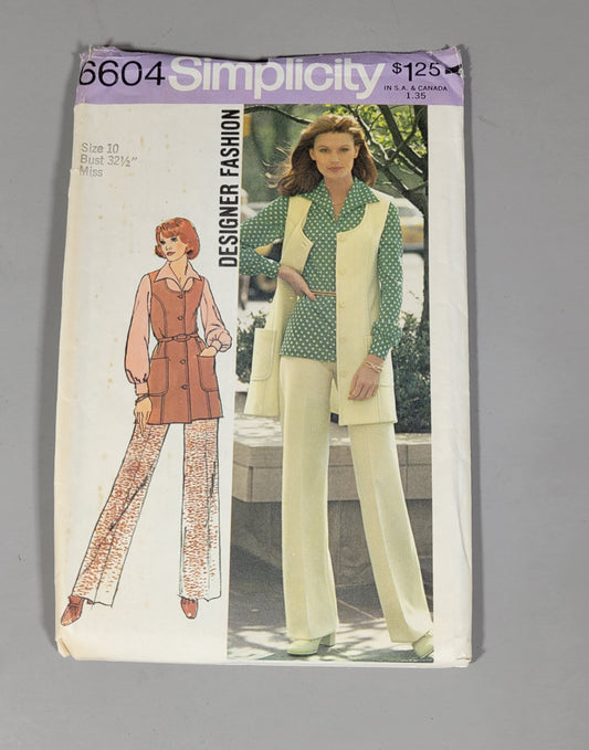 Simplicity 6604, ca 1974. Size 10, Bust 32 1/2, Misses' Vest, Pants and Blouse - Designer Fashion.