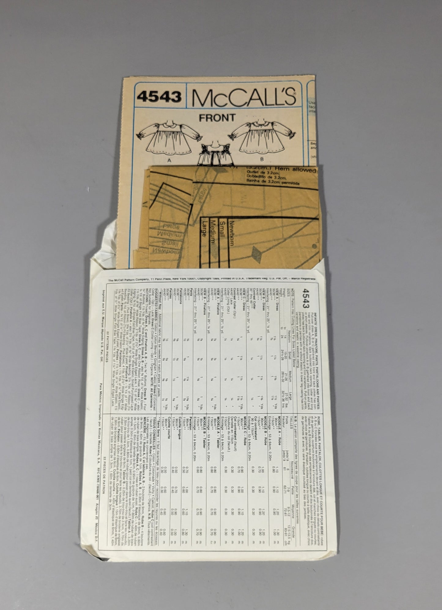 McCall's 4543 Pattern ca1989 Infant