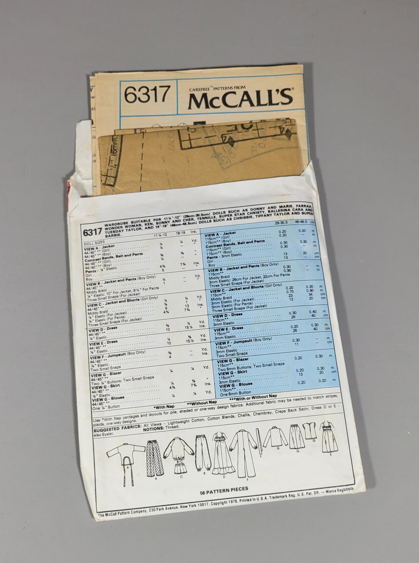 McCall's 6317 Doll Clothing Pattern, ca 1978.