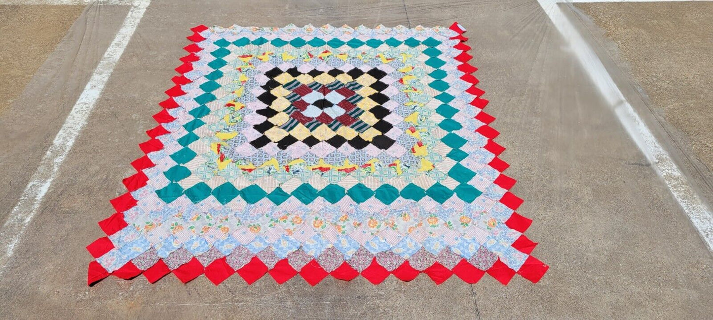 Antique Quilt Top Only Hand Stitched Mid-20th Century Squares Unfinished