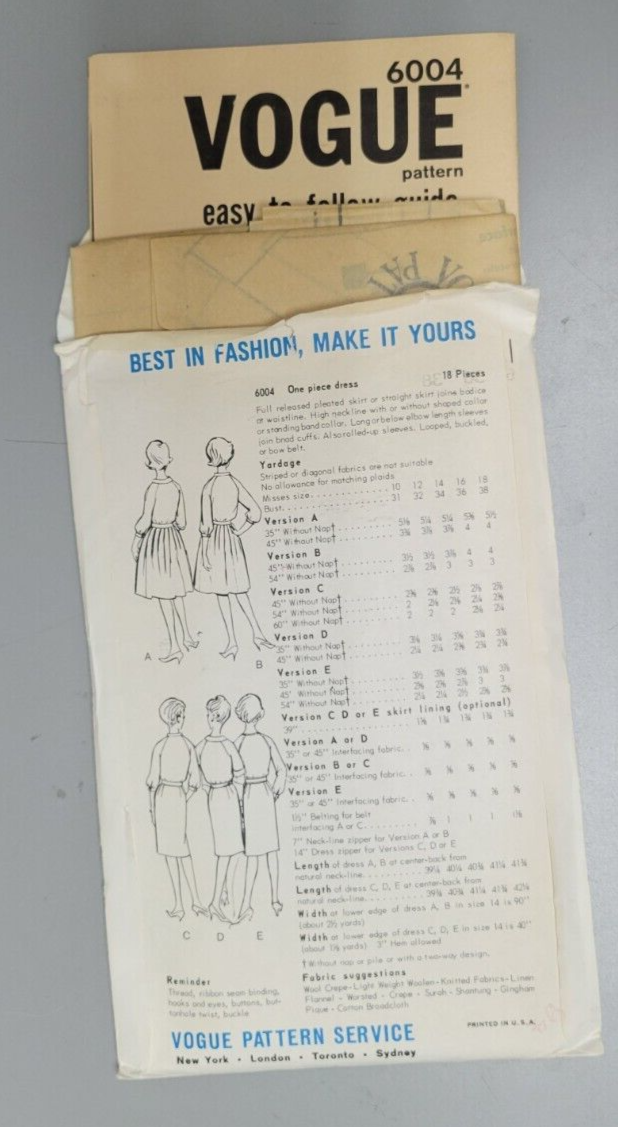 Vogue Printed Sewing Pattern 6004 UNCUT Size 16 Pleated Skirt 1960s Fashion