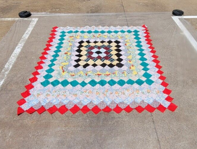 Antique Quilt Top Only Hand Stitched Mid-20th Century Squares Unfinished