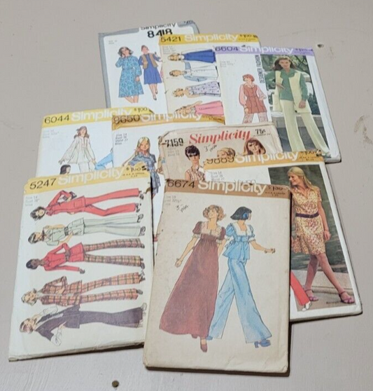 1970s Simplicity Pattern Lot 9 Bellbottoms, Caftans, Babydoll Dress Miss Juniors