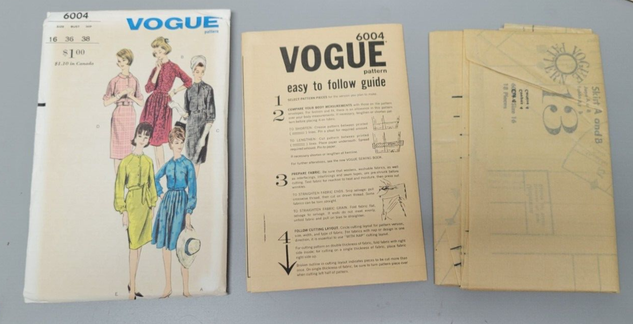 Vogue Printed Sewing Pattern 6004 UNCUT Size 16 Pleated Skirt 1960s Fashion