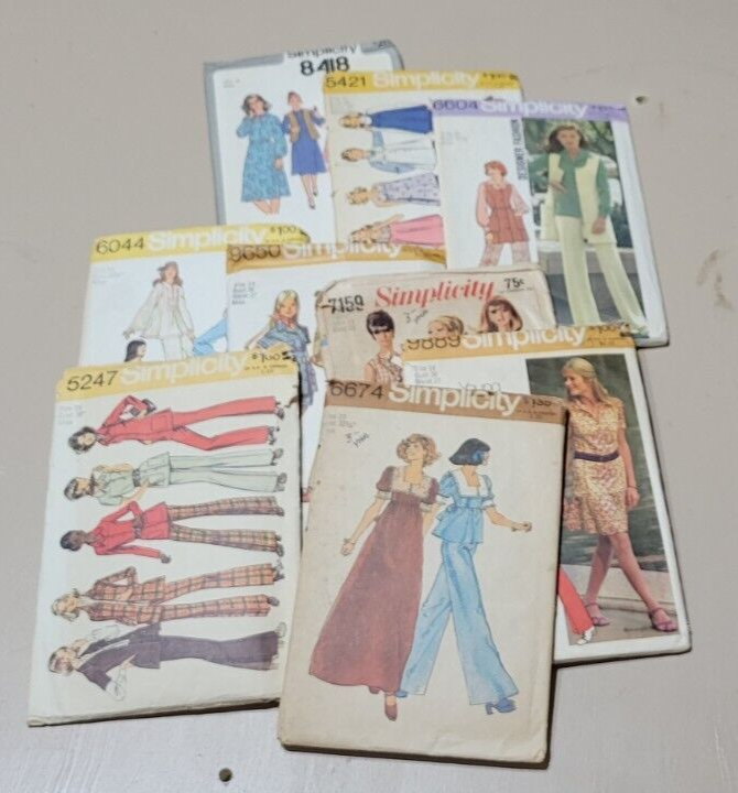 1970s Simplicity Pattern Lot 9 Bellbottoms, Caftans, Babydoll Dress Miss Juniors