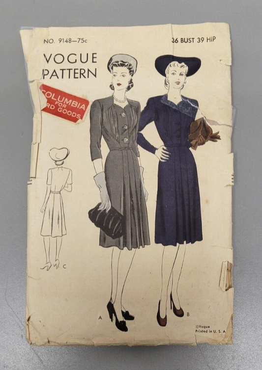 1940s Vogue Pattern 9148 36 Bust 39 Hip Original Unprinted One-Piece Dress