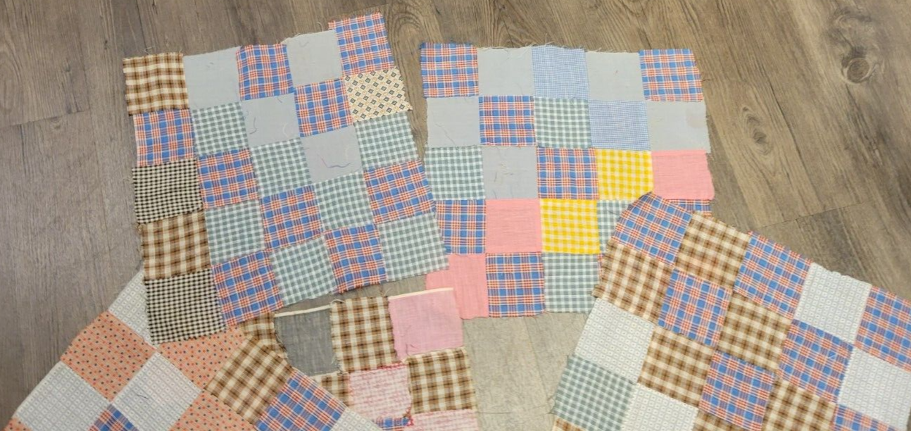 5 Quilt Squares Cotton 1930s Unfinished Lot Hand Sewn Block Plaid Vintage T2