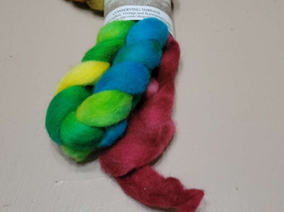 3.8 oz Wool Small Batch Dyed Braid Roving Painted Blue, Green, Yellow and Pink