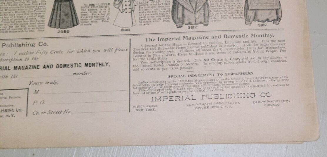 1896 Imperial Mode. November Chicago Paper Original Domestic Dress, Victorian