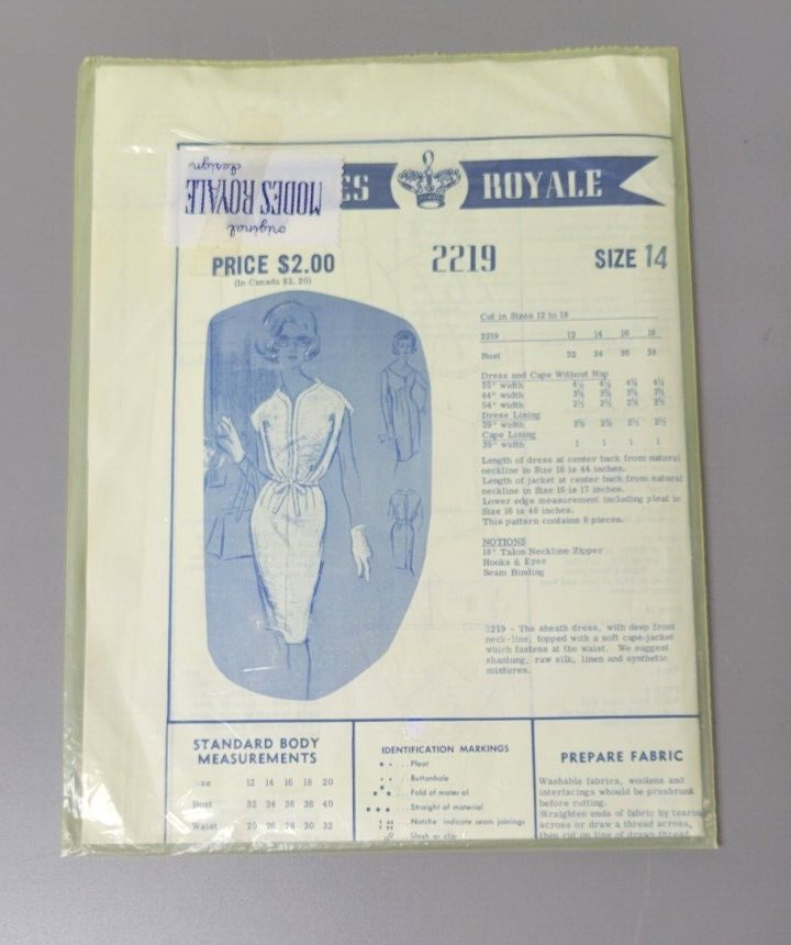 Modes Royal 2219 Pattern. 1960s Original Unopened. Size 14. Sheath Dress.