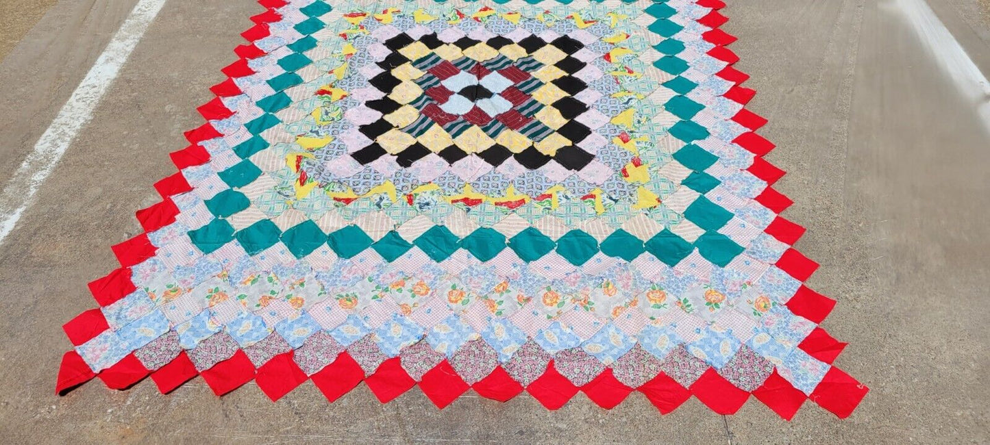 Antique Quilt Top Only Hand Stitched Mid-20th Century Squares Unfinished