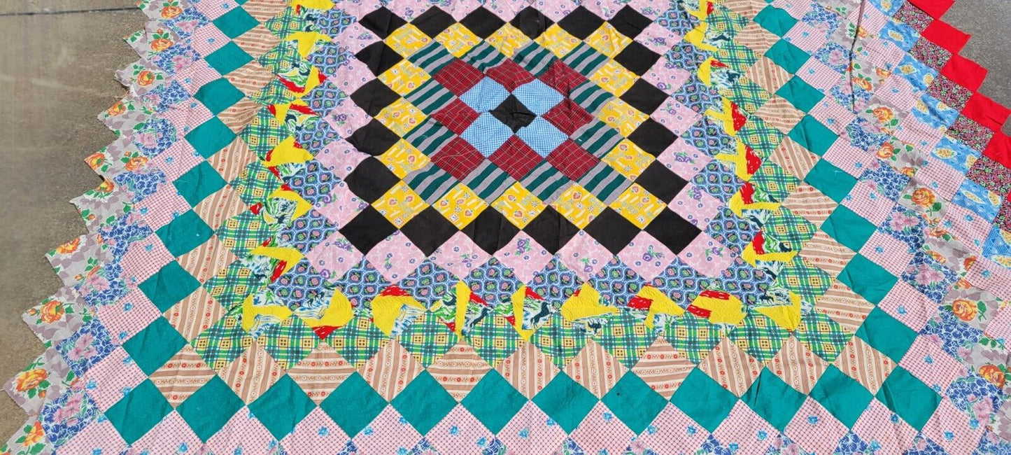 Antique Quilt Top Only Hand Stitched Mid-20th Century Squares Unfinished