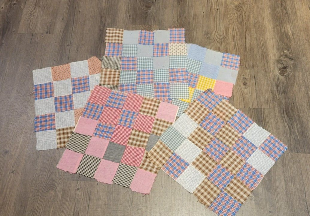 5 Quilt Squares Cotton 1930s Unfinished Lot Hand Sewn Block Plaid Vintage T2