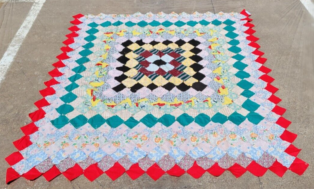 Antique Quilt Top Only Hand Stitched Mid-20th Century Squares Unfinished