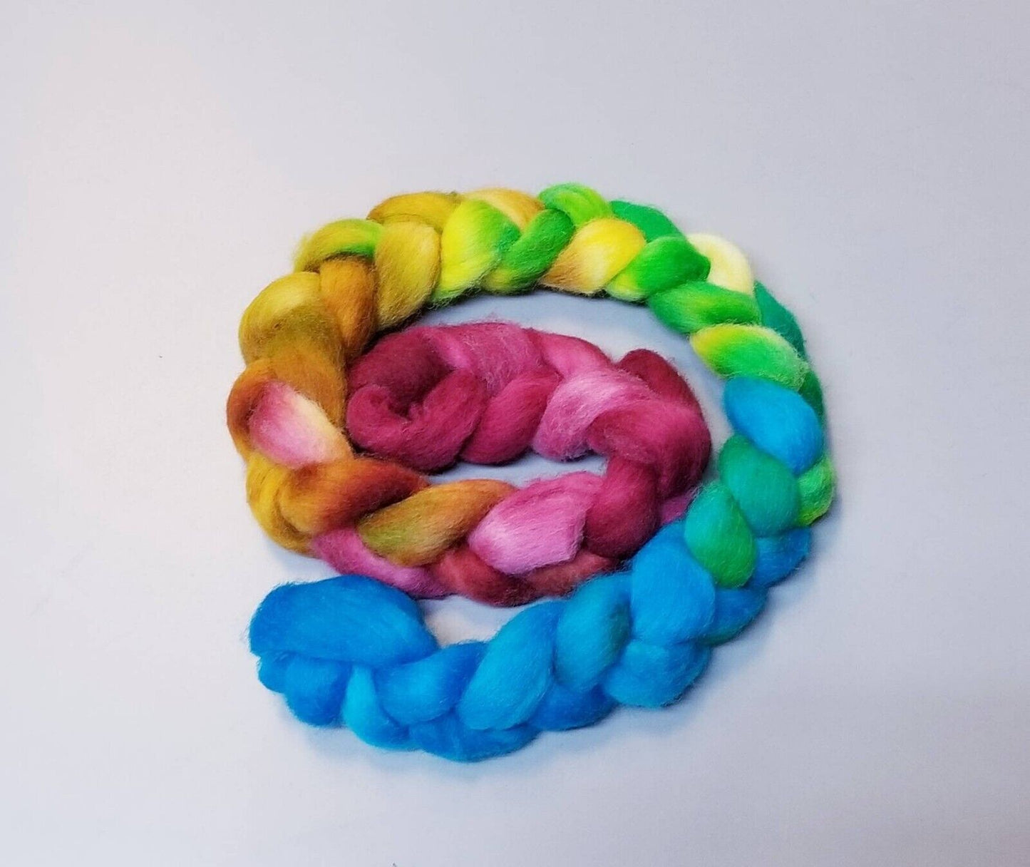 3.8 oz Wool Small Batch Dyed Braid Roving Painted Blue, Green, Yellow and Pink