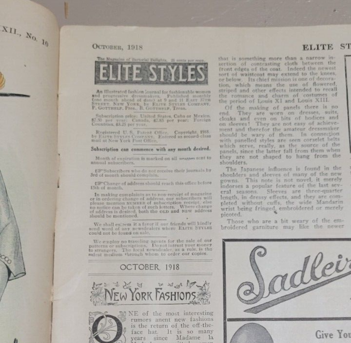 1918 Elite Styles October Dressmaker Tailor Fashion Magazine Catalog Ladies