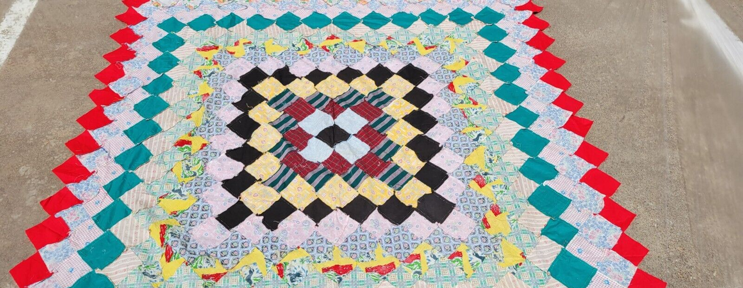 Antique Quilt Top Only Hand Stitched Mid-20th Century Squares Unfinished