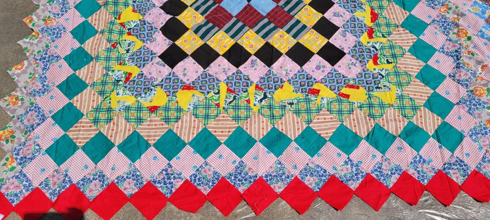 Antique Quilt Top Only Hand Stitched Mid-20th Century Squares Unfinished