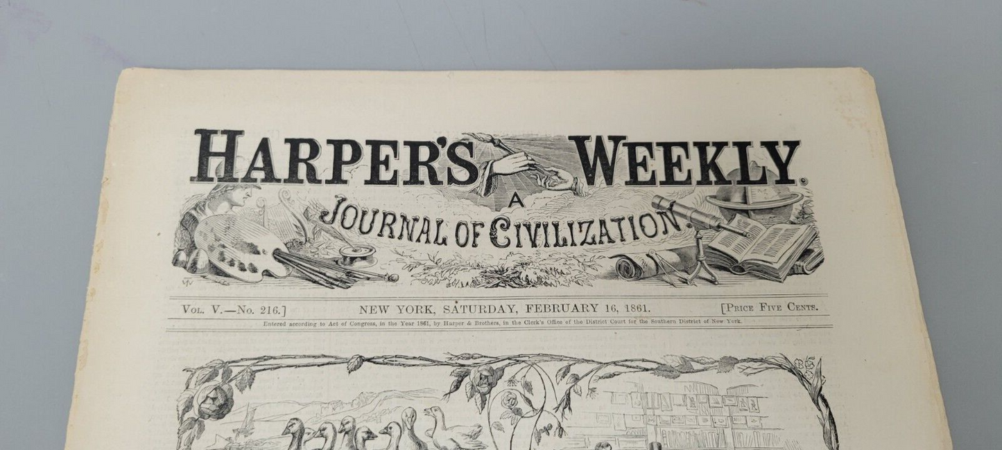 1861 Harper's Weekly, February 16. Newspaper. Paris Fashions. Great Exposition.