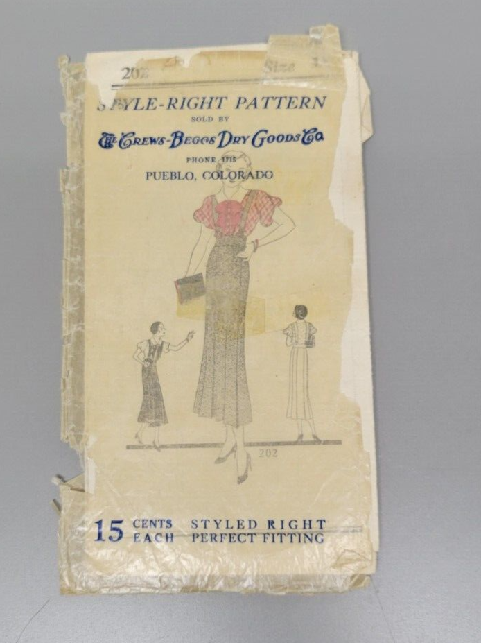 Rare Original 1930s Style-Right Pattern 202 Size 16 Crews Beggs Dry Good Dress