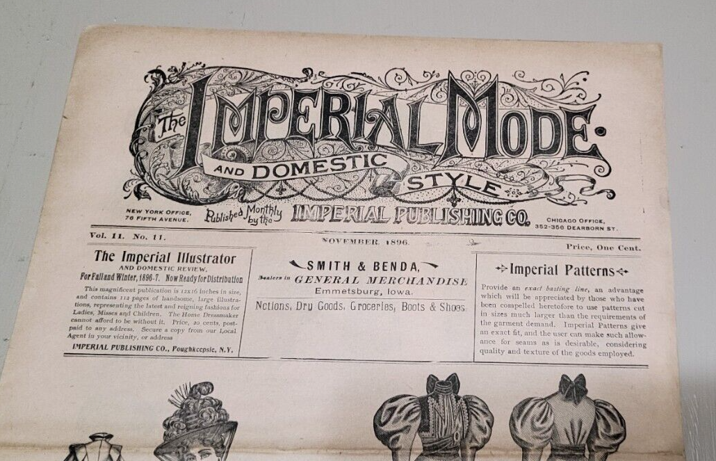 1896 Imperial Mode. November Chicago Paper Original Domestic Dress, Victorian