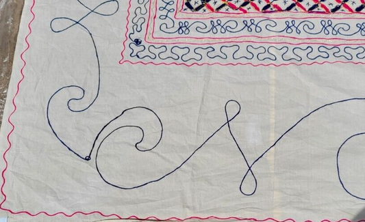 Vintage Embroidery Textile Full Bed Cover Red Blue Design