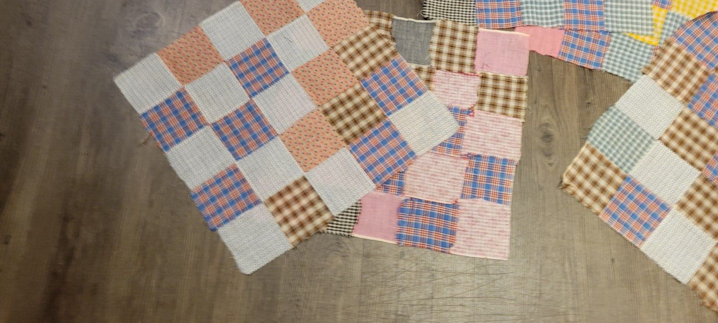 5 Quilt Squares Cotton 1930s Unfinished Lot Hand Sewn Block Plaid Vintage T2