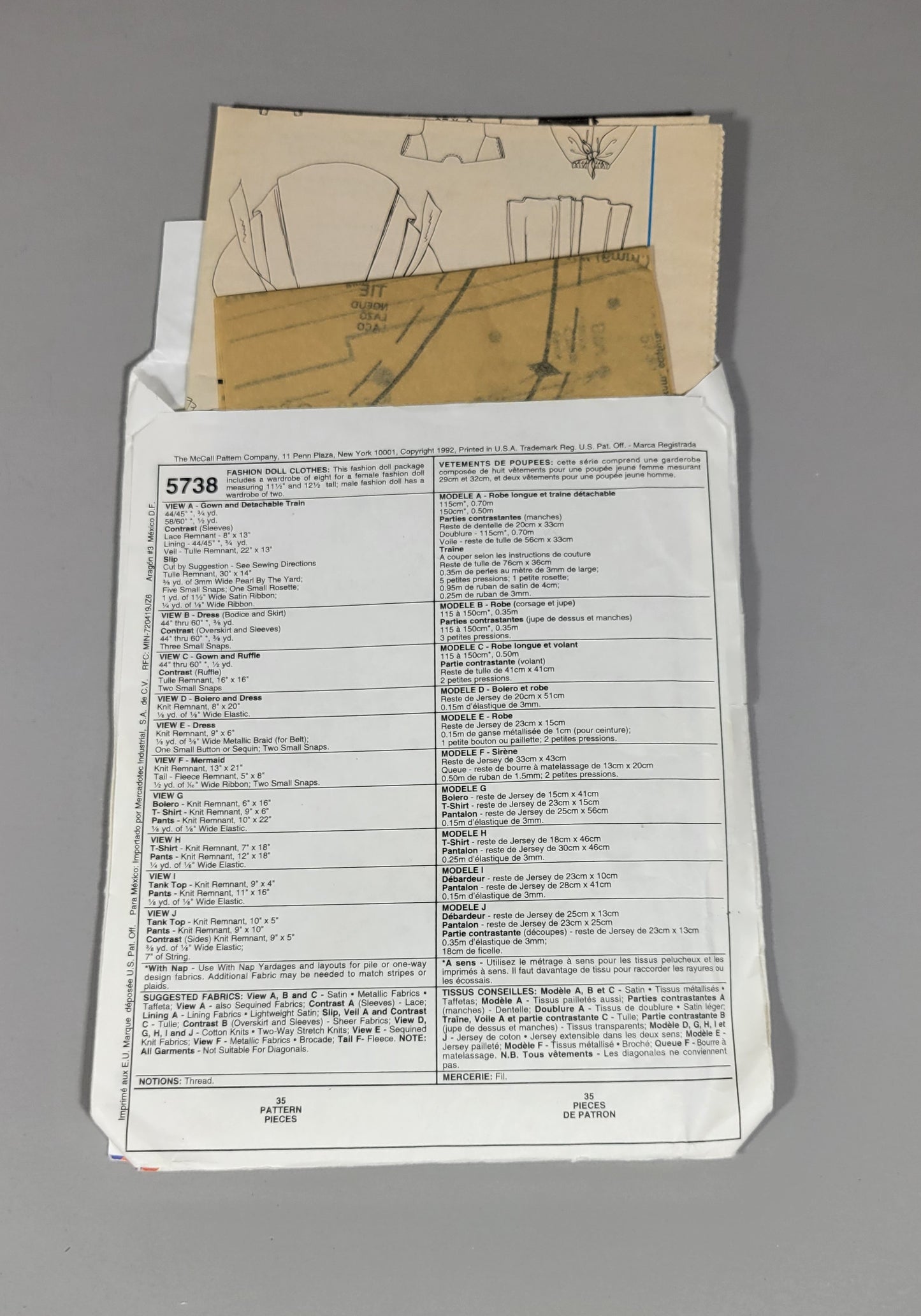 McCall's Crafts Doll Clothing Pattern 5738, ca 1992.