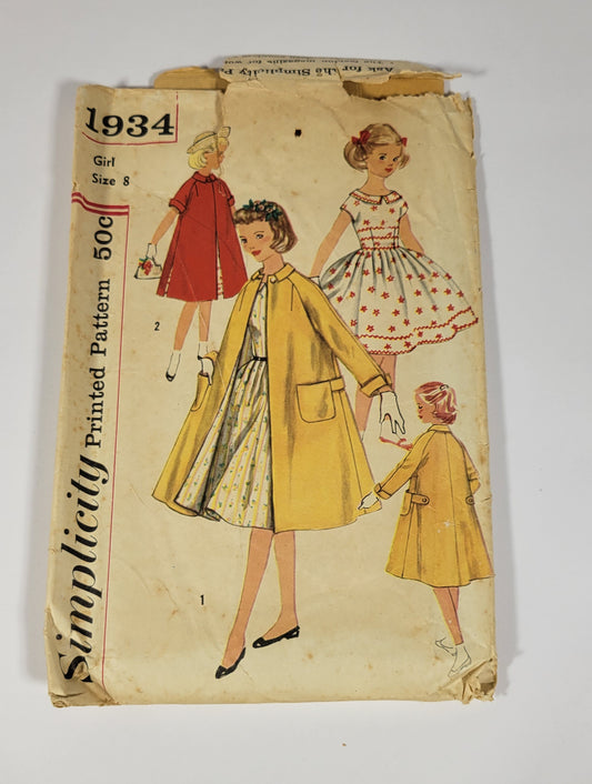 Simplicity Pattern 1934, ca 1956. Girl Size 8. Girl's One-Piece Dress and Coat.