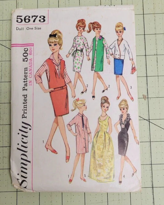 5673 Simplicity Pattern Crafts Doll Clothes 60s Fashion c 1964 Cut