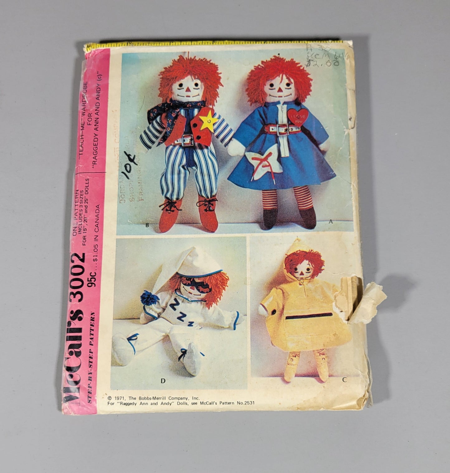 McCall's 3002 Step by Step Pattern, ca 1971, The Bobbs-Merrill Company for "Raggedy Ann and Andy" Dolls.