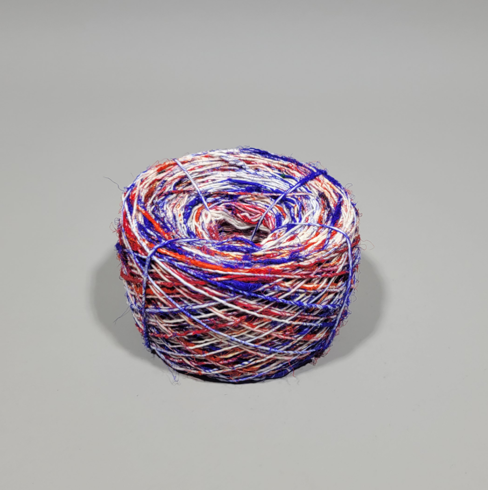 Pasting Yarn - 300 Yards. Red, White, Blue. Cotton Yarn Painted Using Silk Saree Waste.