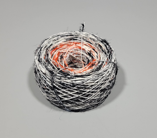 Pasting Yarn - 300 Yards. Black, Orange, White. Cotton Yarn Painted Using Silk Saree Waste.