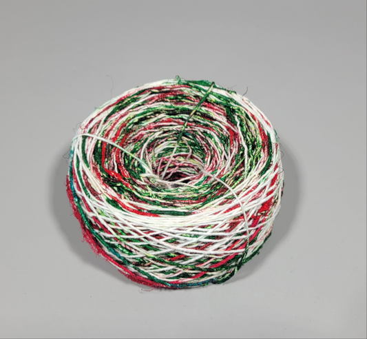 Pasting Yarn - 300 Yards. Red, Green, White. Cotton Yarn Painted Using Silk Saree Waste.