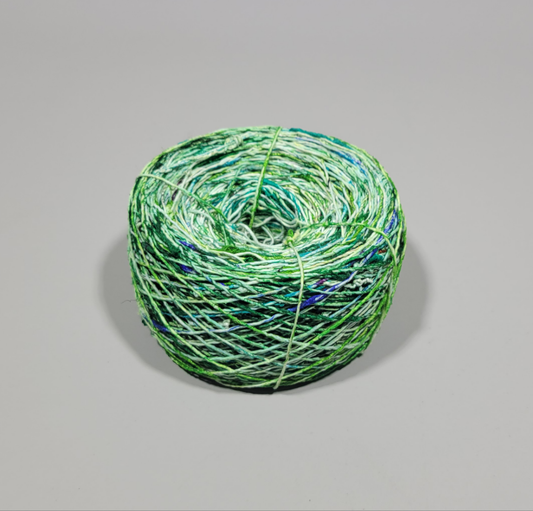 Pasting Yarn - 300 Yards. Blue, Green, White. Cotton Yarn Painted Using Silk Saree Waste.