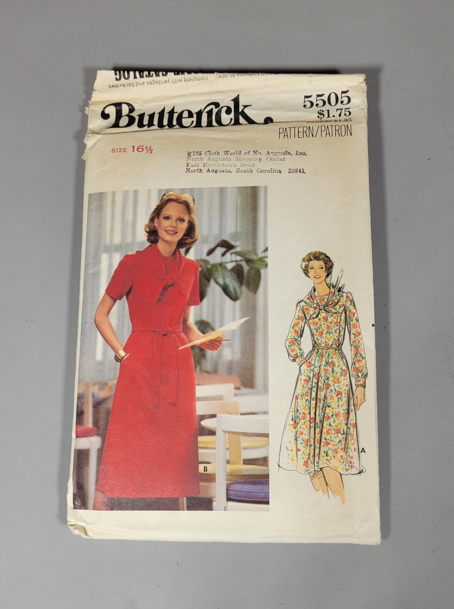 Butterick 5505 Pattern, ca 1979. Size 16 1/2, Bust 39, Waist 33, Hip 41.