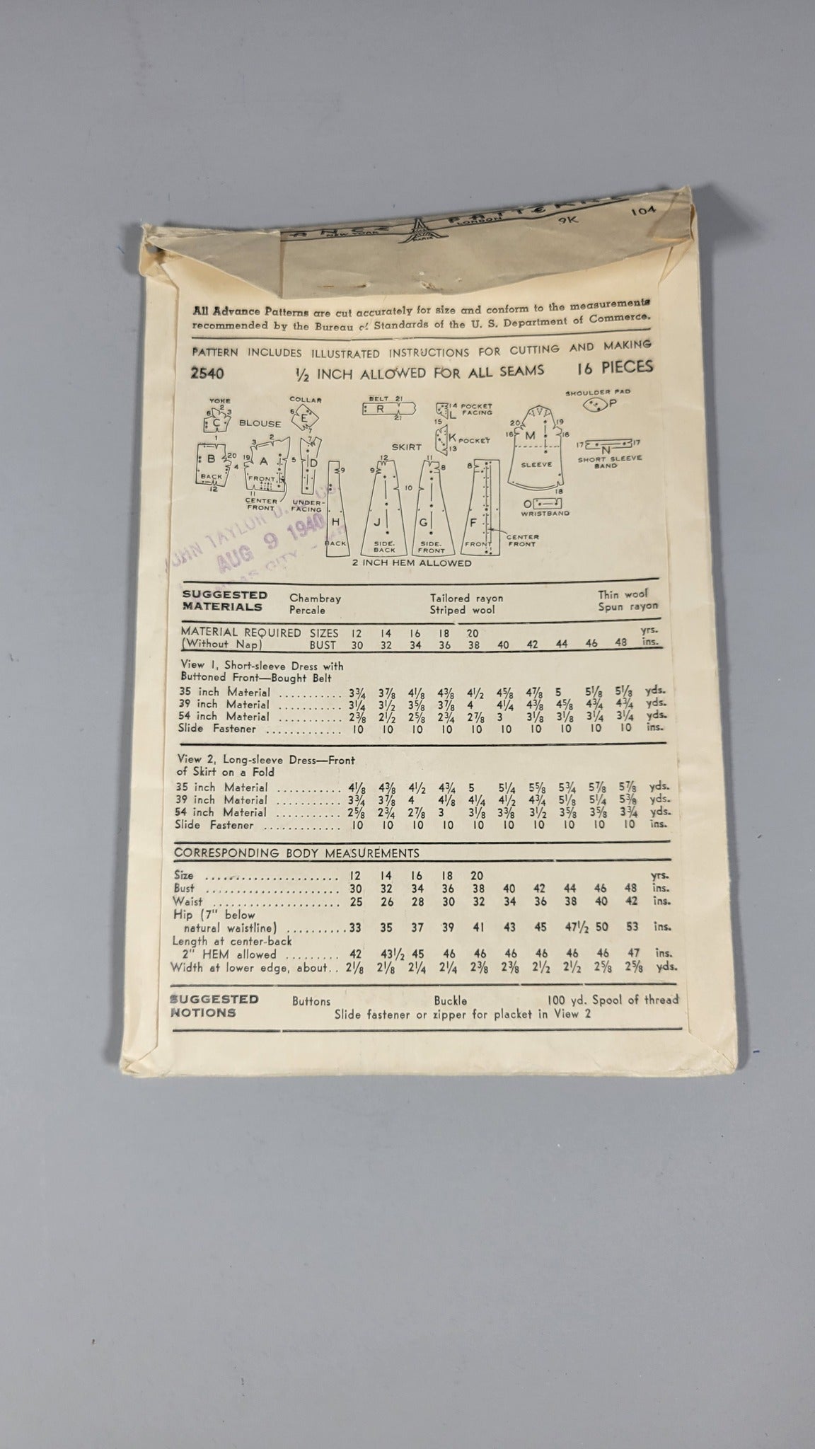 Advance Pattern L2540 Unprinted Sewing Pattern c1940s