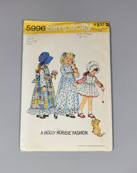 Simplicity 5996 Sewing Printed Pattern Cut Size 4 Child Holly Hobby Fashion