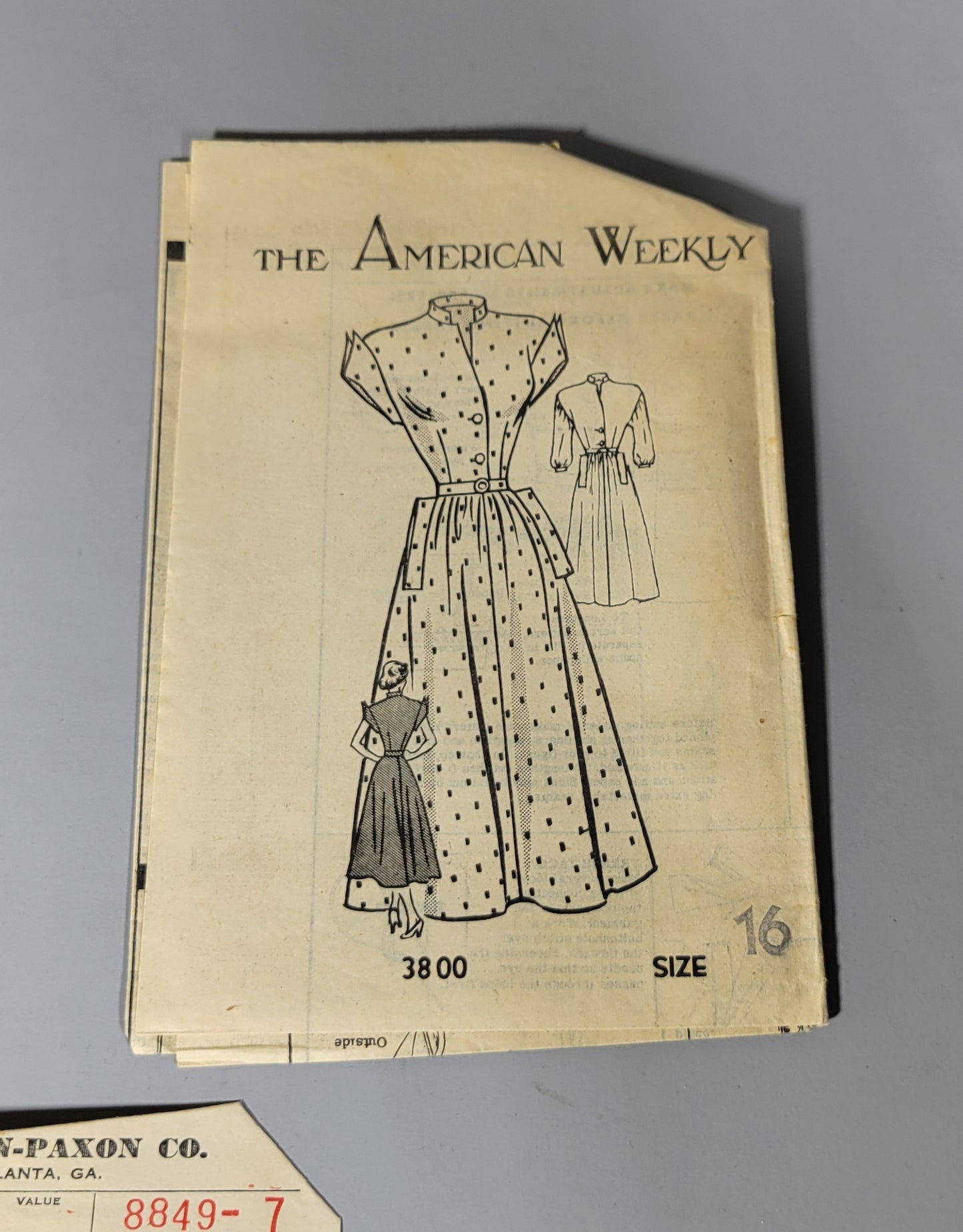 The American Weekly - Mail Order Pattern, #3800 Size 16. Bust 34 Waist 28 Hips 37.