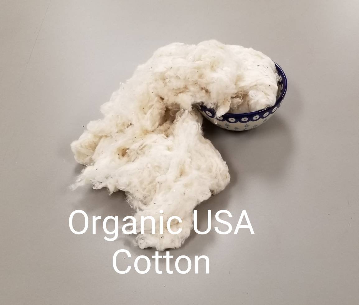 USA (Texas) Certified Organic Cotton Lint – Chemical Free. USA Grown and Ginned. Great for stuffing, carding, spinning, fiber arts, ect