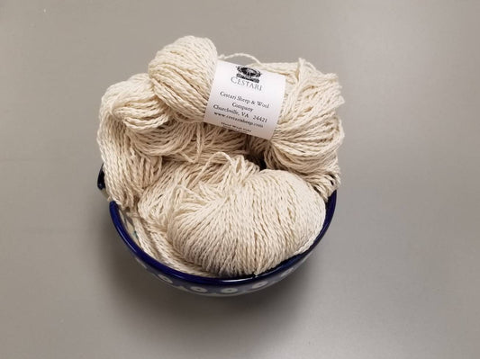 100% U.S.A. Cotton Yarn from Old Dominion Collection by Cestari Sheep and Wool Company. Natural Color. 2 Ply / Fingering Weight. 340 Yards