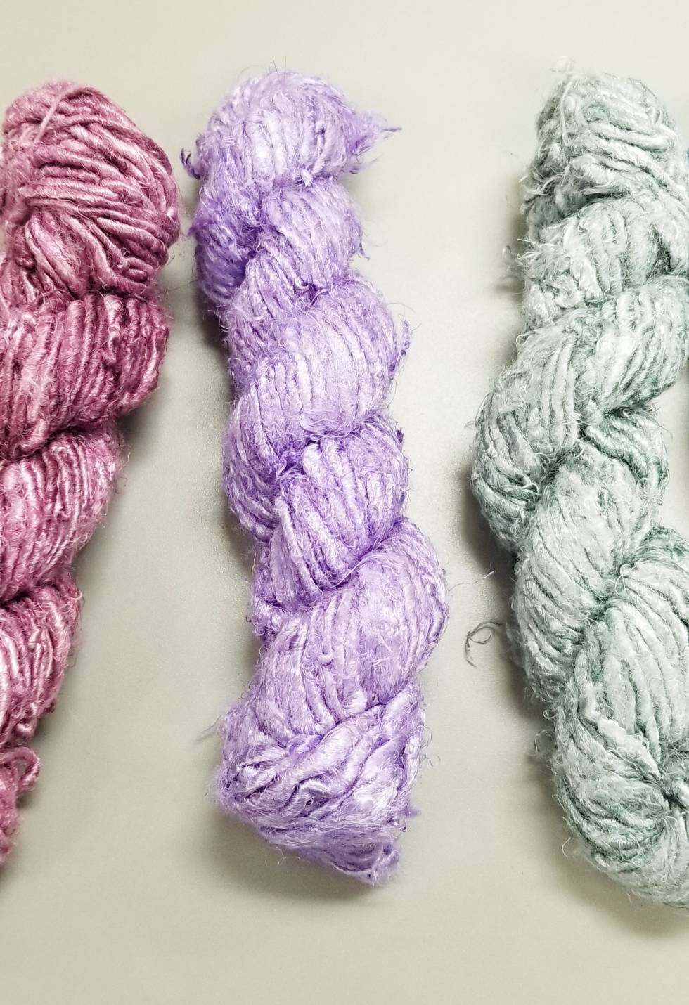 Banana. Reclaimed Yarn. Hand-Spun Fibers Upcycled. Rose, Lilac, Oyster, Blue and Mint.