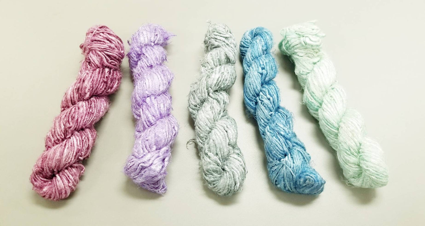 Banana. Reclaimed Yarn. Hand-Spun Fibers Upcycled. Rose, Lilac, Oyster, Blue and Mint.