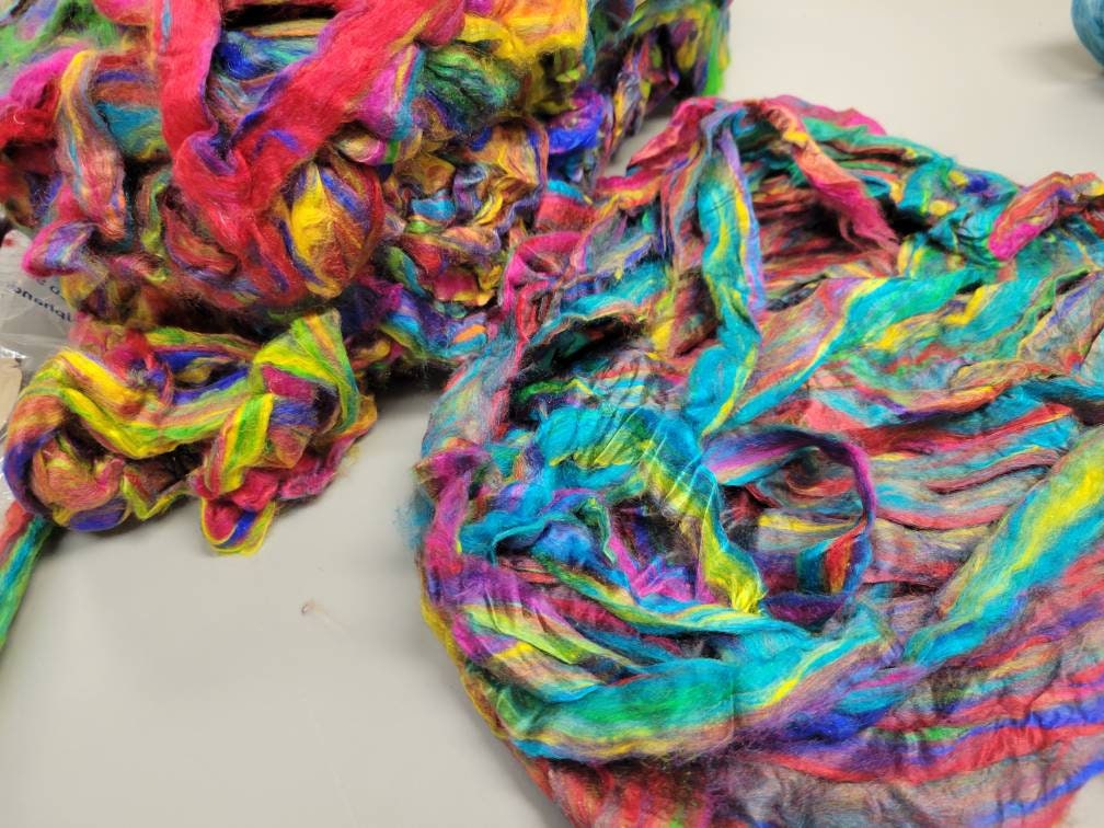 Reclaimed Silk Fiber Roving Bundle. Multi-Colored. 2nd Chance Fibers.